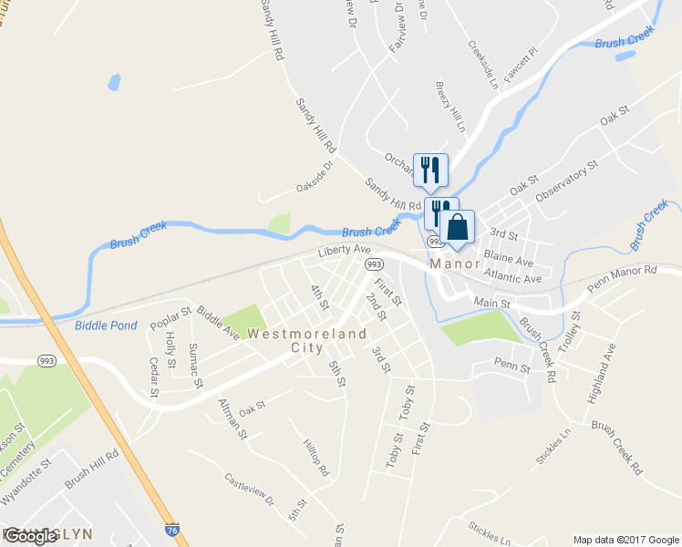 map of restaurants, bars, coffee shops, grocery stores, and more near 8557 Walnut Street in Westmoreland City