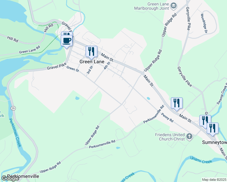 map of restaurants, bars, coffee shops, grocery stores, and more near 501 Green Street in Green Lane