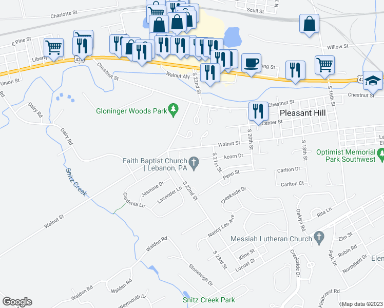map of restaurants, bars, coffee shops, grocery stores, and more near 2148 Walnut Street in Lebanon