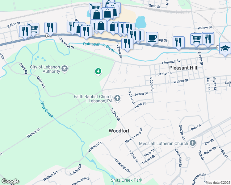 map of restaurants, bars, coffee shops, grocery stores, and more near 2150 Walnut Street in Lebanon