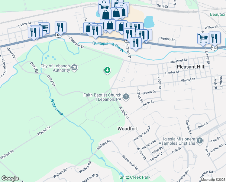 map of restaurants, bars, coffee shops, grocery stores, and more near 2196 Walnut Street in Lebanon