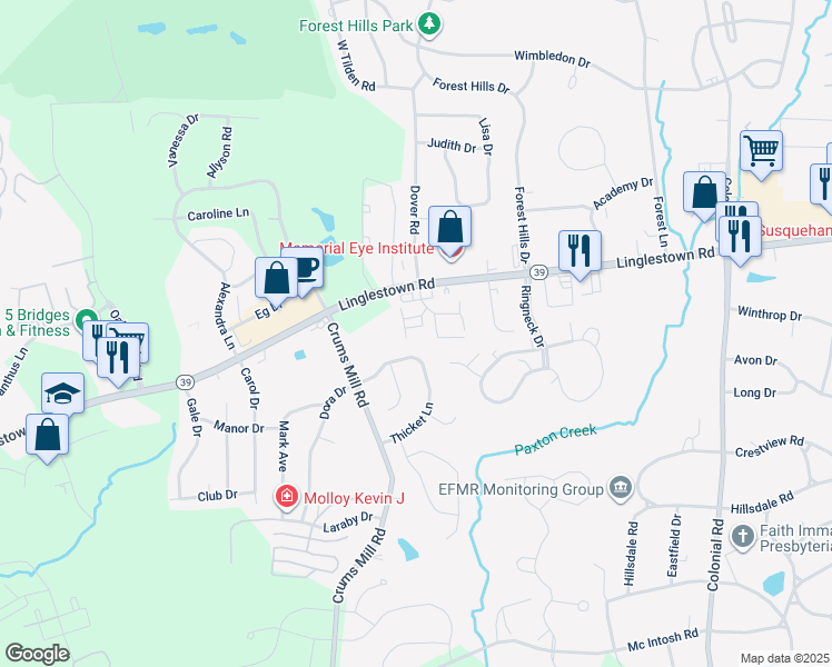 map of restaurants, bars, coffee shops, grocery stores, and more near 2169 Bordeaux Court in Harrisburg