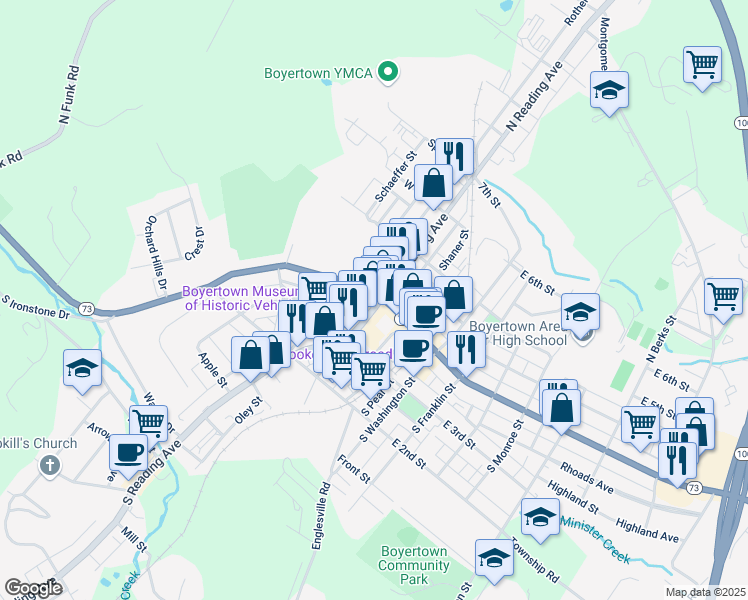 map of restaurants, bars, coffee shops, grocery stores, and more near 17 Old State Highway 100 in Boyertown