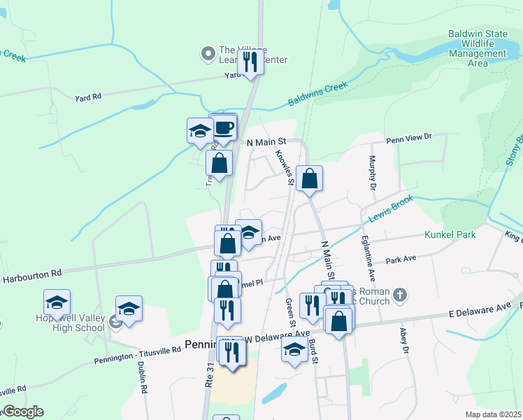 map of restaurants, bars, coffee shops, grocery stores, and more near 15 Tucker Way in Pennington