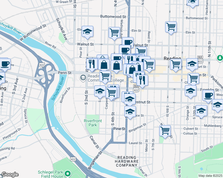 map of restaurants, bars, coffee shops, grocery stores, and more near 106 South 4th Street in Reading