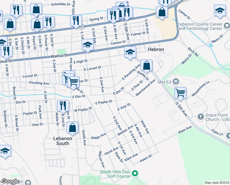 map of restaurants, bars, coffee shops, grocery stores, and more near 601 South 3rd Avenue in Lebanon