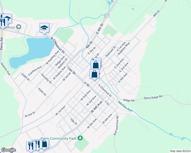 map of restaurants, bars, coffee shops, grocery stores, and more near 123 East 2nd Avenue in Derry