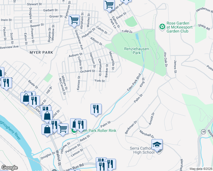 map of restaurants, bars, coffee shops, grocery stores, and more near 2711 Banker Street in McKeesport