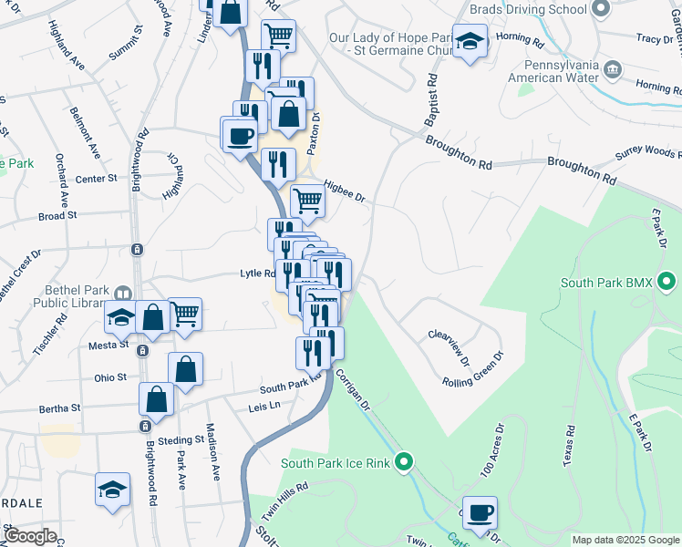map of restaurants, bars, coffee shops, grocery stores, and more near 7200 Baptist Road in Bethel Park
