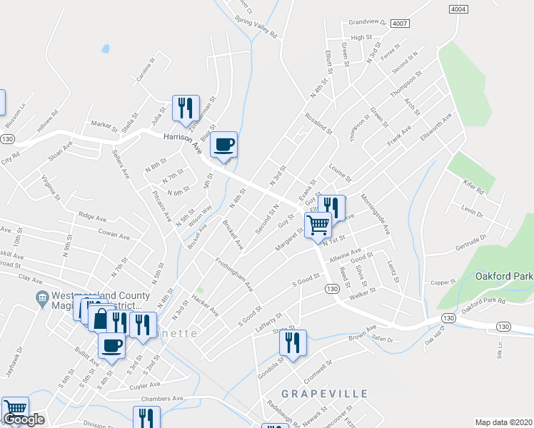 map of restaurants, bars, coffee shops, grocery stores, and more near 505 North 2nd Street in Jeannette
