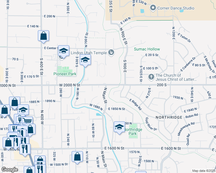 map of restaurants, bars, coffee shops, grocery stores, and more near 1986 North Main Street in Orem