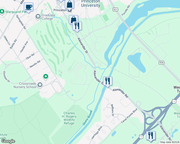 map of restaurants, bars, coffee shops, grocery stores, and more near 417 Basin Street in Princeton