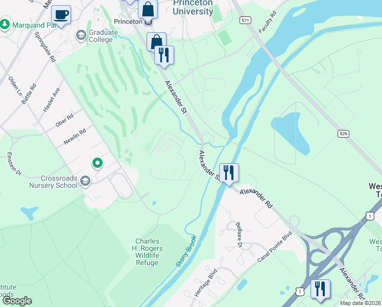map of restaurants, bars, coffee shops, grocery stores, and more near 417 Basin Street in Princeton