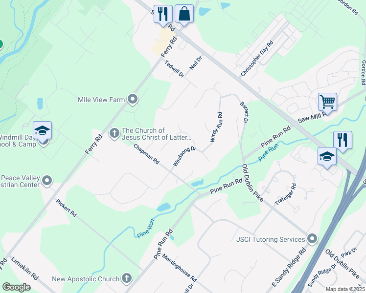 map of restaurants, bars, coffee shops, grocery stores, and more near 109 Windsong Drive in Doylestown