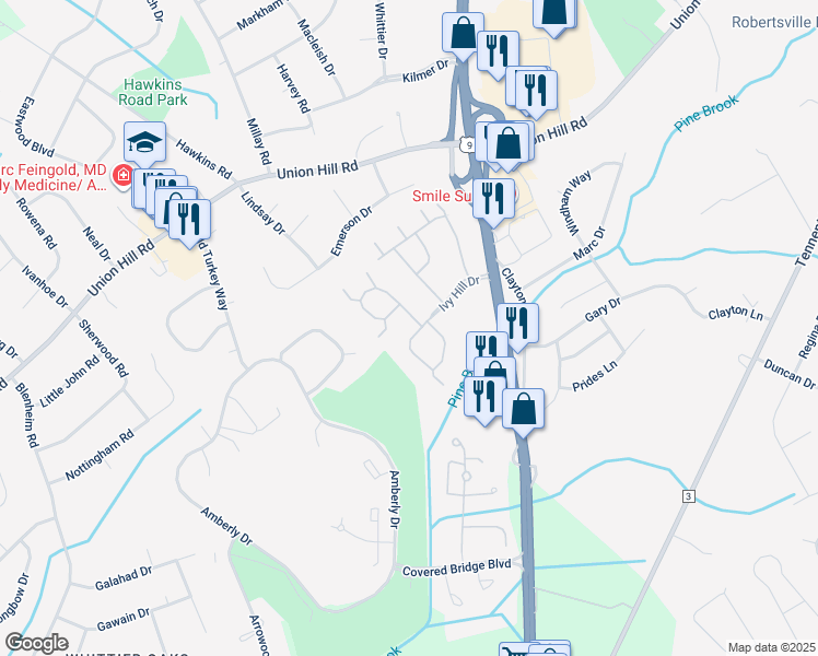 map of restaurants, bars, coffee shops, grocery stores, and more near 385 Bayberry Court in Englishtown