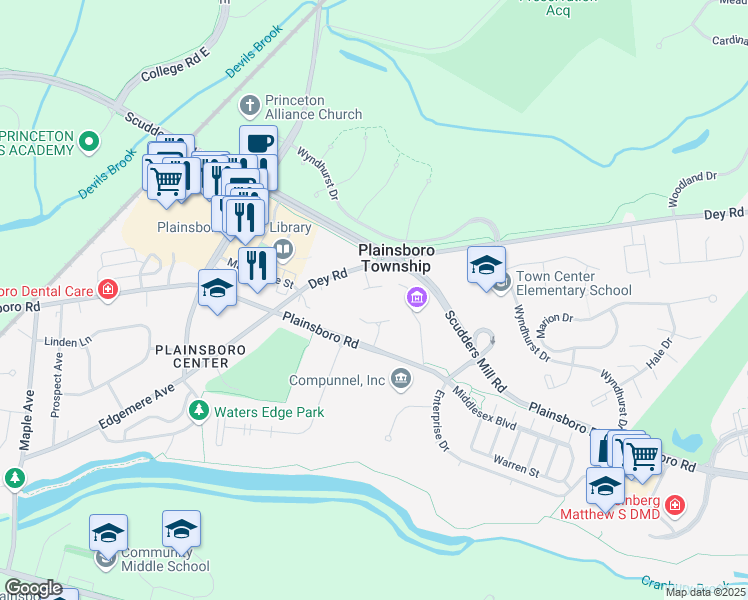 map of restaurants, bars, coffee shops, grocery stores, and more near 641 Plainsboro Road in Plainsboro Township