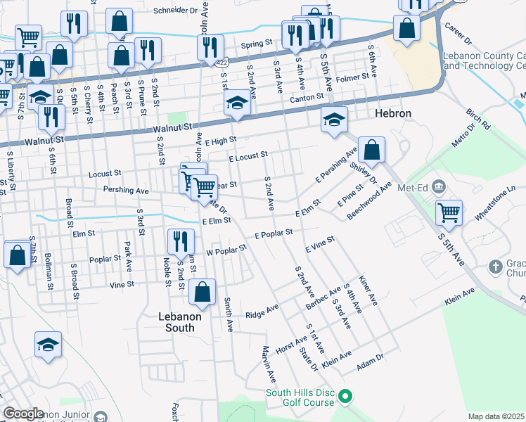 map of restaurants, bars, coffee shops, grocery stores, and more near 125 East Elm Street in Lebanon