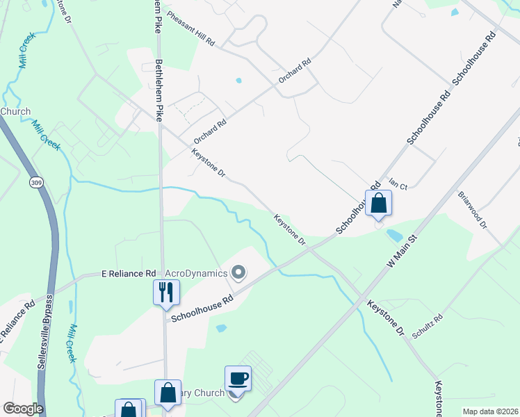 map of restaurants, bars, coffee shops, grocery stores, and more near 626 Keystone Drive in Sellersville