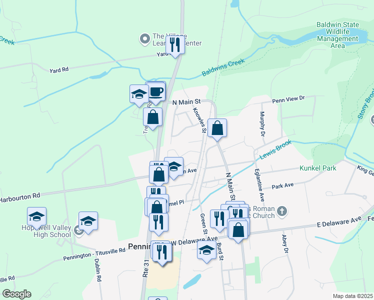 map of restaurants, bars, coffee shops, grocery stores, and more near 15 Tucker Way in Pennington