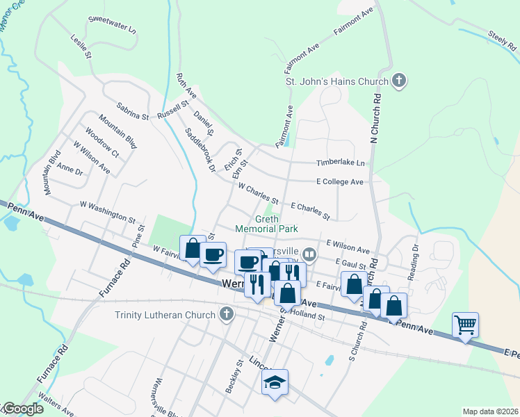 map of restaurants, bars, coffee shops, grocery stores, and more near 425 North Walnut Street in Wernersville