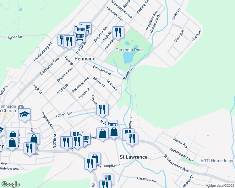 map of restaurants, bars, coffee shops, grocery stores, and more near 221 Mayer Street in Reading