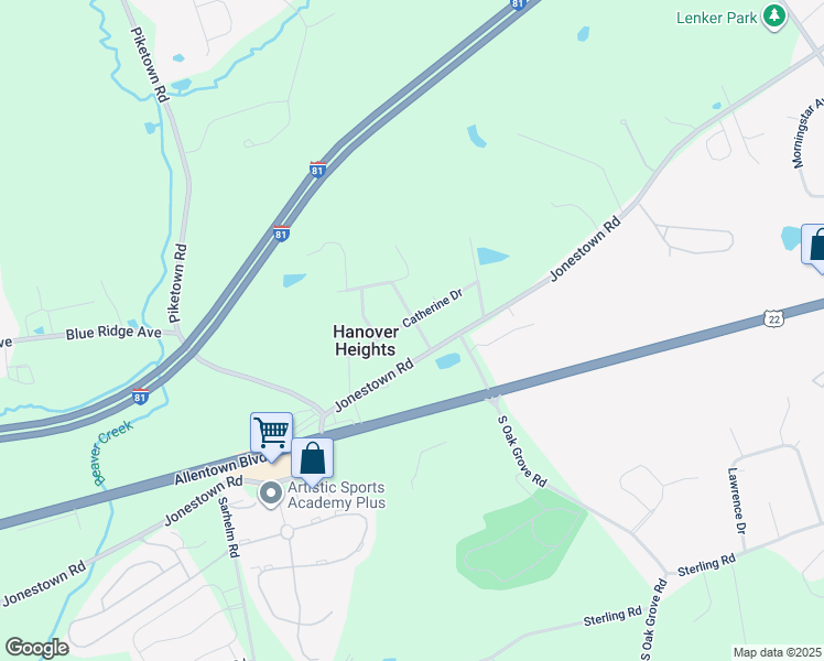 map of restaurants, bars, coffee shops, grocery stores, and more near 106 Hanover Ln in Harrisburg