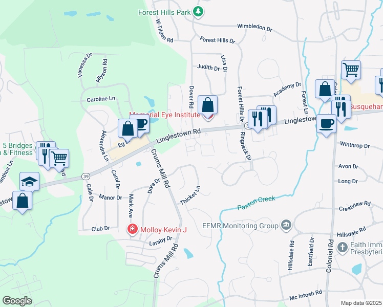 map of restaurants, bars, coffee shops, grocery stores, and more near 2169 Bordeaux Court in Harrisburg