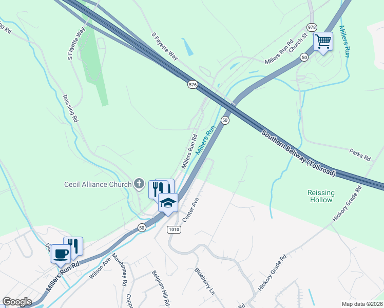 map of restaurants, bars, coffee shops, grocery stores, and more near 812 Millers Run Road in Allegheny County