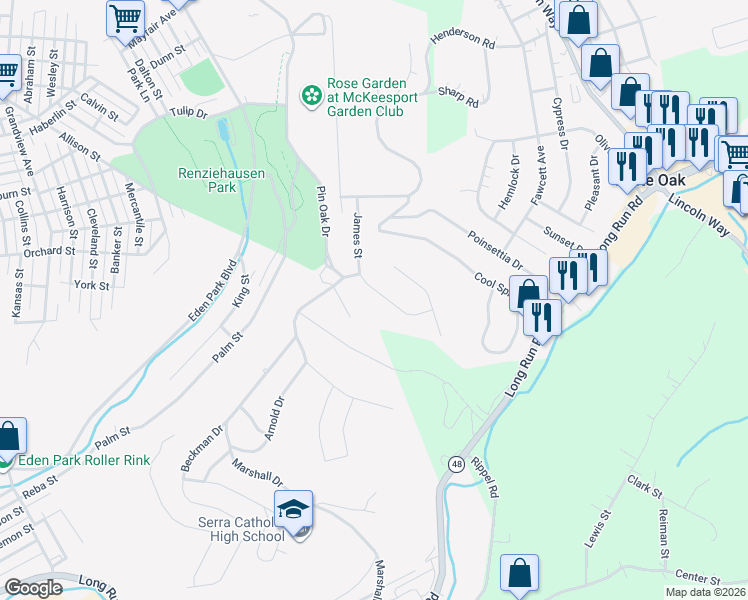 map of restaurants, bars, coffee shops, grocery stores, and more near 2404 James Street in McKeesport