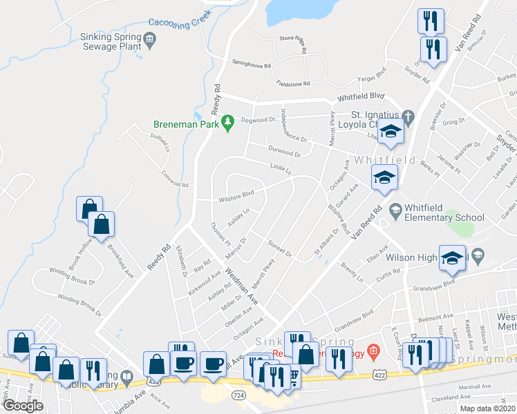 map of restaurants, bars, coffee shops, grocery stores, and more near 3031 Marcor Drive in Sinking Spring