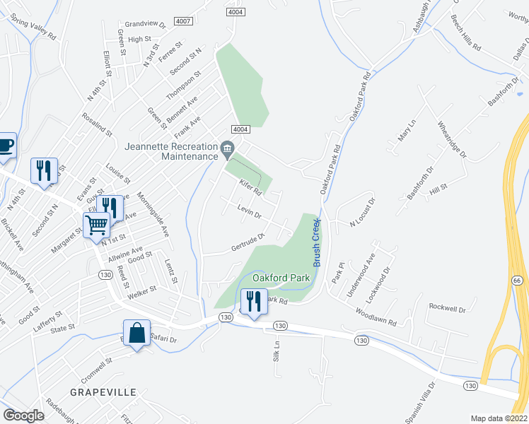 map of restaurants, bars, coffee shops, grocery stores, and more near 20 Levin Drive in Jeannette