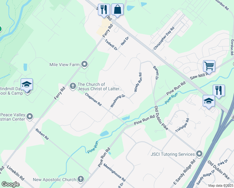 map of restaurants, bars, coffee shops, grocery stores, and more near 109 Windsong Drive in Doylestown