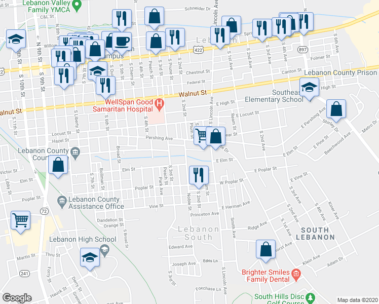 map of restaurants, bars, coffee shops, grocery stores, and more near 402 Noble Street in Lebanon