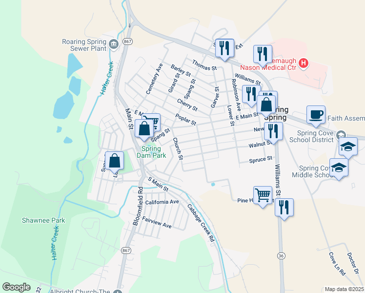 map of restaurants, bars, coffee shops, grocery stores, and more near 506 New Street in Roaring Spring