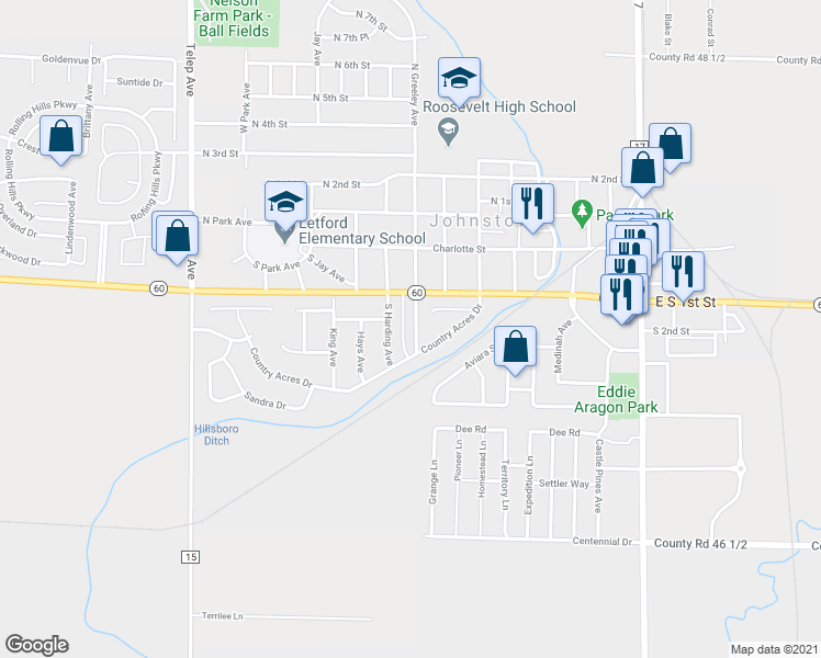 map of restaurants, bars, coffee shops, grocery stores, and more near 713 Country Acres Drive in Johnstown