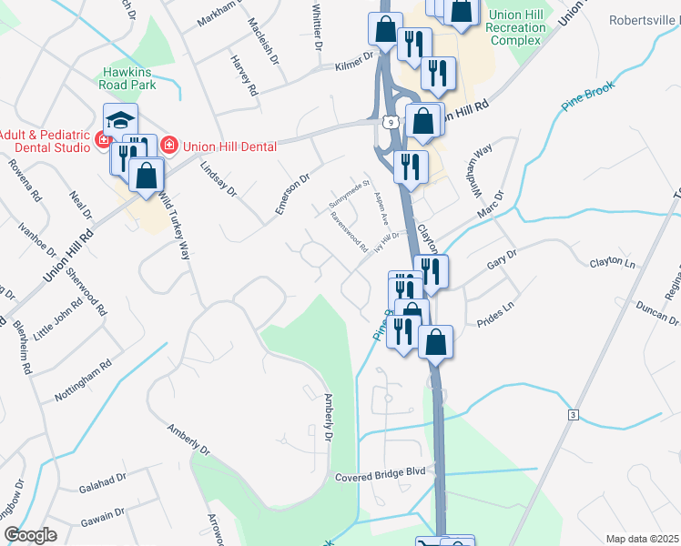 map of restaurants, bars, coffee shops, grocery stores, and more near 385 Bayberry Court in Englishtown