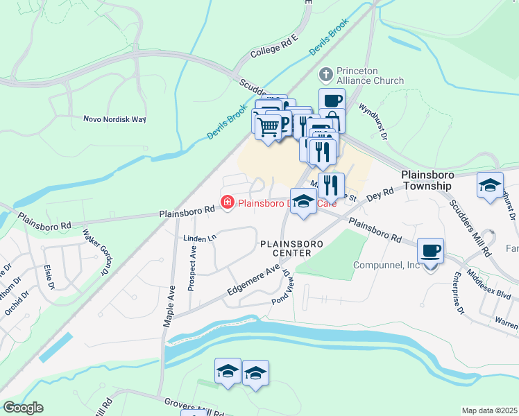 map of restaurants, bars, coffee shops, grocery stores, and more near 434 Plainsboro Road in Plainsboro Center