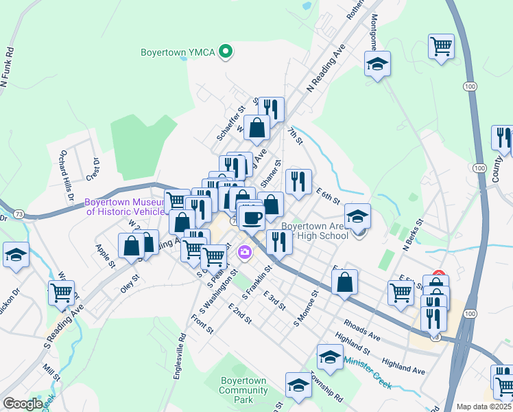 map of restaurants, bars, coffee shops, grocery stores, and more near 101 North Chestnut Street in Boyertown