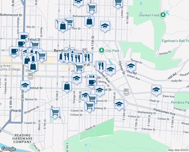 map of restaurants, bars, coffee shops, grocery stores, and more near 1049 Franklin Street in Reading