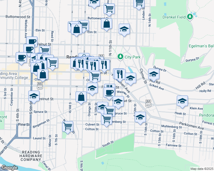 map of restaurants, bars, coffee shops, grocery stores, and more near 1049 Franklin Street in Reading