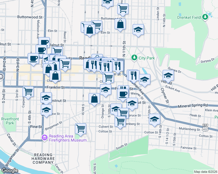 map of restaurants, bars, coffee shops, grocery stores, and more near 101 South 10th Street in Reading