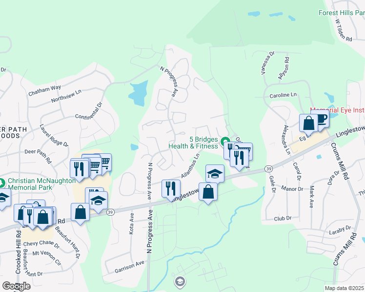 map of restaurants, bars, coffee shops, grocery stores, and more near 2879 Oakwood Drive in Harrisburg