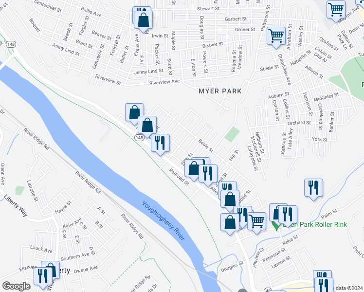 map of restaurants, bars, coffee shops, grocery stores, and more near 402 28th Street in McKeesport