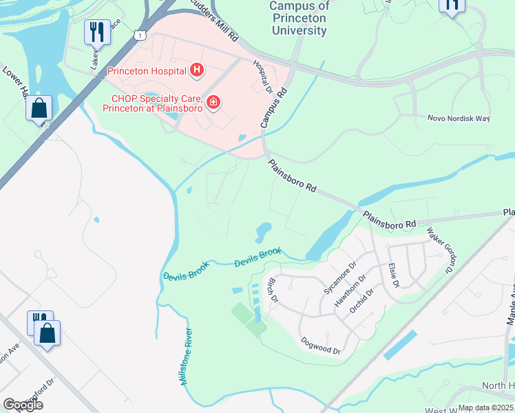 map of restaurants, bars, coffee shops, grocery stores, and more near 63 Riverwalk in Plainsboro Township