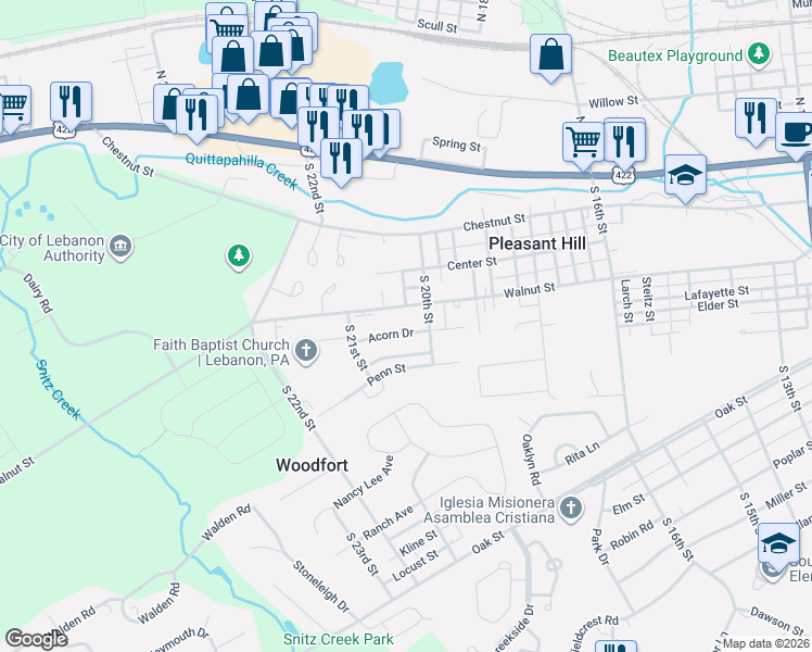 map of restaurants, bars, coffee shops, grocery stores, and more near 2070 Acorn Drive in Lebanon