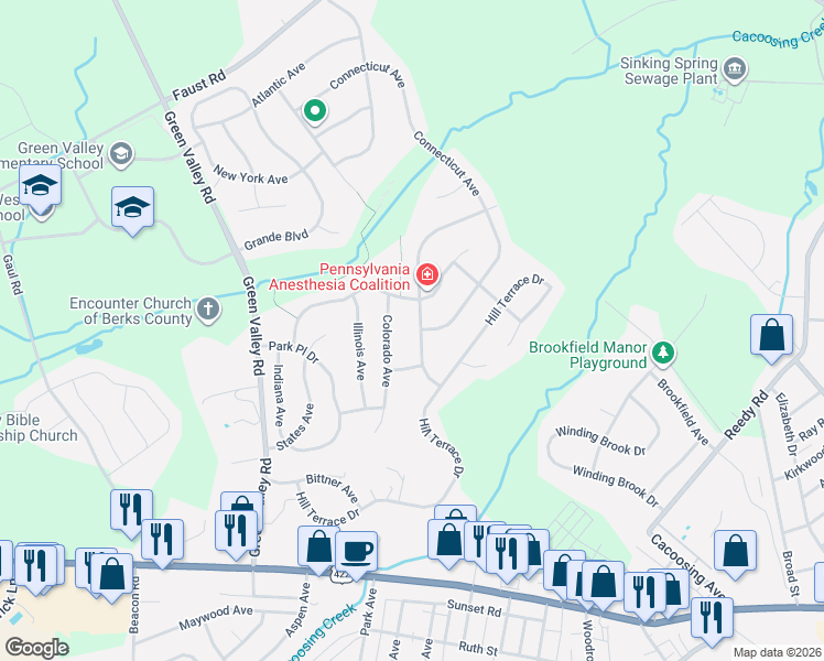 map of restaurants, bars, coffee shops, grocery stores, and more near 16 Virginia Avenue in Sinking Spring
