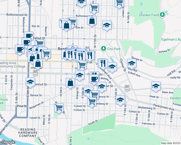 map of restaurants, bars, coffee shops, grocery stores, and more near 1031 Franklin Street in Reading