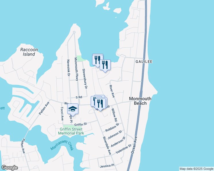map of restaurants, bars, coffee shops, grocery stores, and more near 40 River Avenue in Monmouth Beach