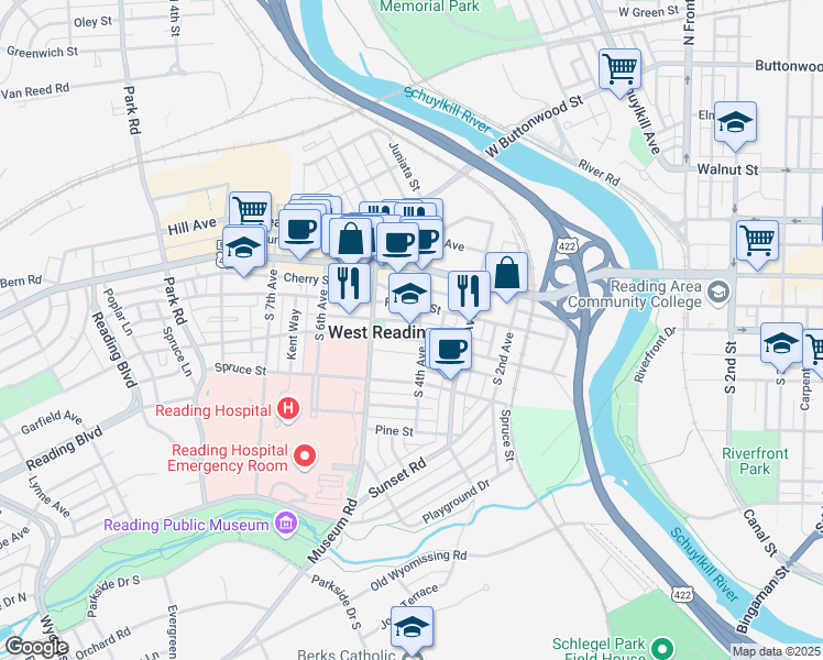 map of restaurants, bars, coffee shops, grocery stores, and more near 421 Chestnut Street in West Reading