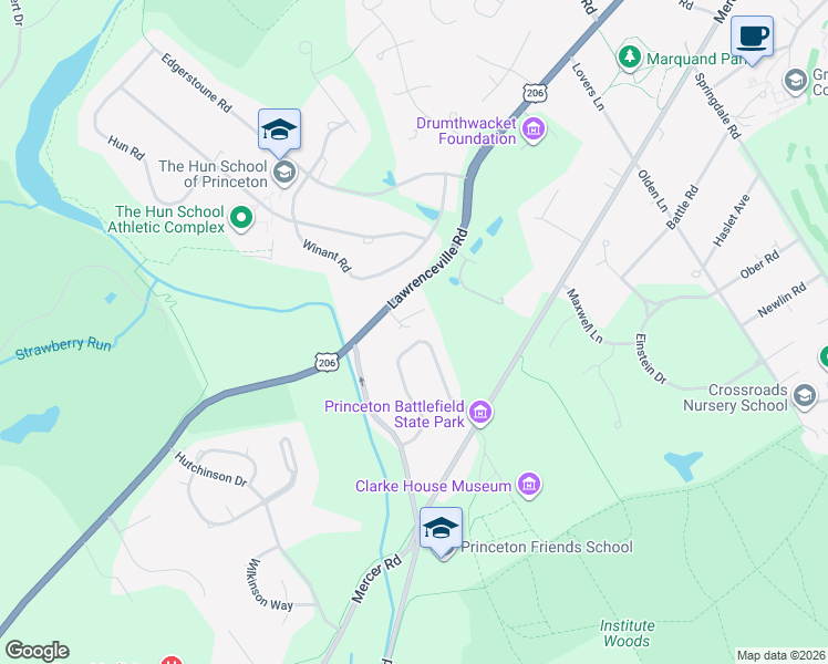 map of restaurants, bars, coffee shops, grocery stores, and more near 84 Parkside Drive in Princeton